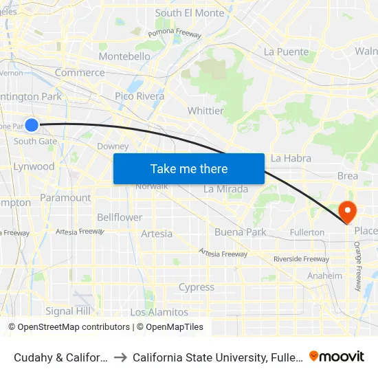 Cudahy & California to California State University, Fullerton map