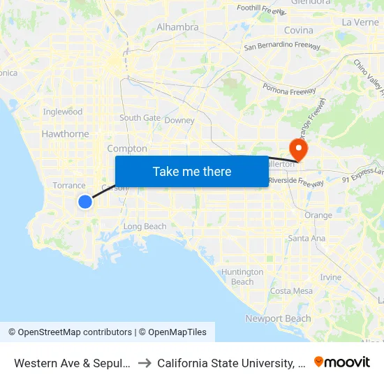 Western Ave & Sepulveda Bl to California State University, Fullerton map