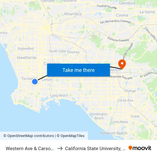Western Ave & Carson Street to California State University, Fullerton map