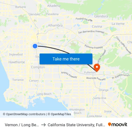 Vernon / Long Beach to California State University, Fullerton map