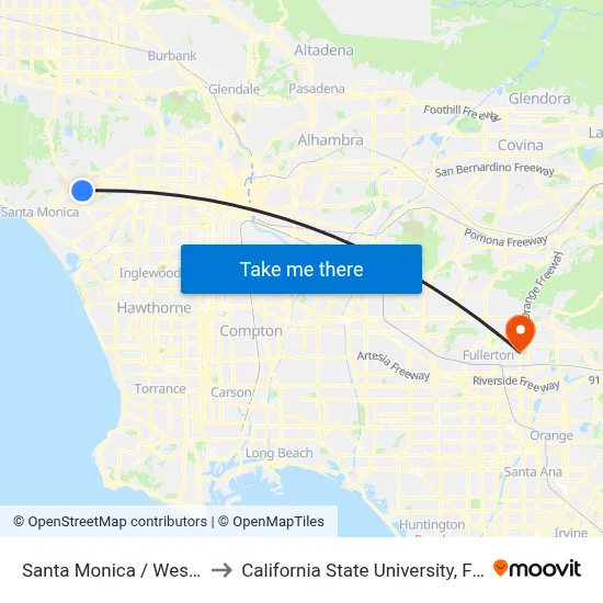 Santa Monica / Westwood to California State University, Fullerton map