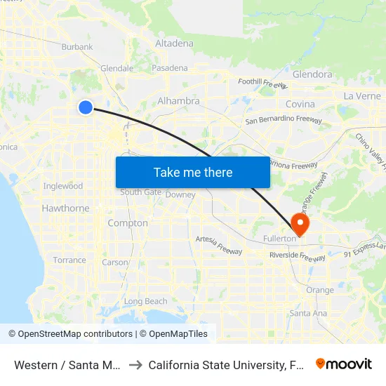 Western / Santa Monica to California State University, Fullerton map