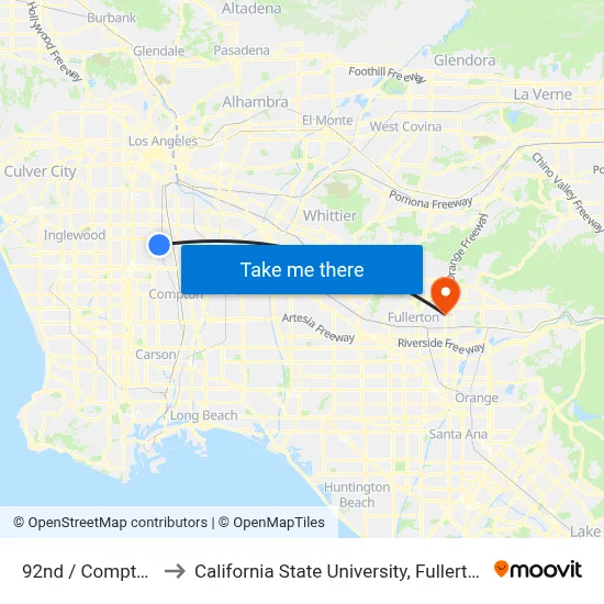 92nd / Compton to California State University, Fullerton map