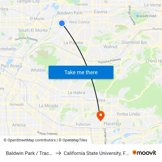 Baldwin Park / Tracy (SB) to California State University, Fullerton map