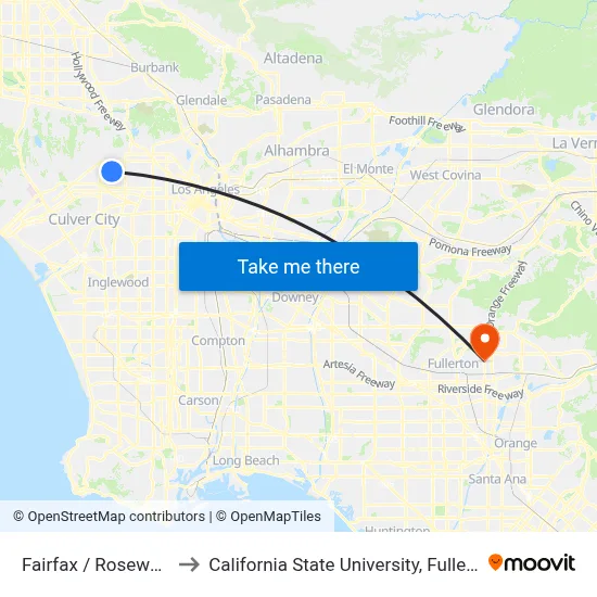 Fairfax / Rosewood to California State University, Fullerton map
