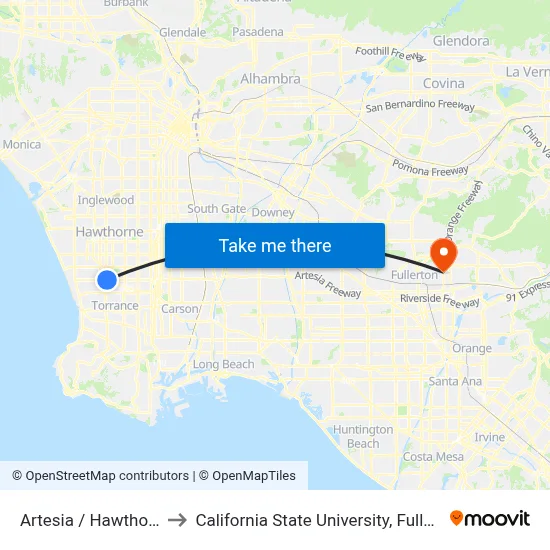 Artesia / Hawthorne to California State University, Fullerton map