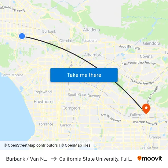 Burbank / Van Nuys to California State University, Fullerton map