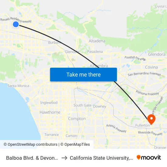 Balboa Blvd. & Devonshire St. to California State University, Fullerton map