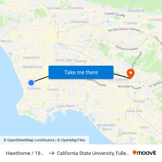 Hawthorne / 182nd to California State University, Fullerton map
