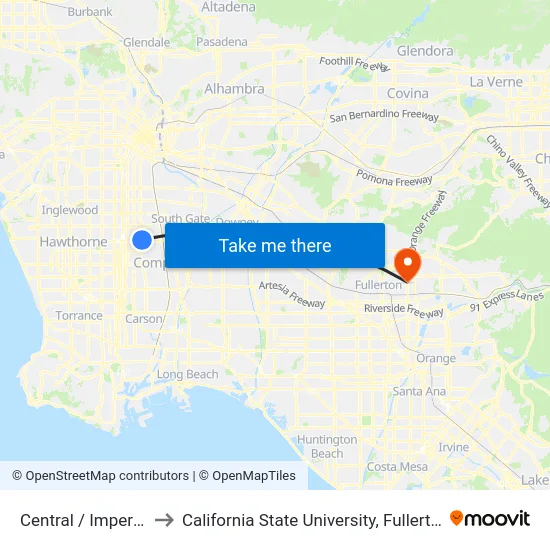 Central / Imperial to California State University, Fullerton map