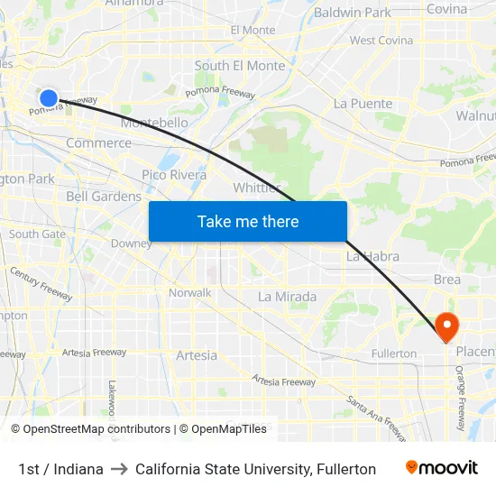 1st / Indiana to California State University, Fullerton map