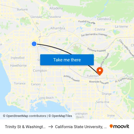 Trinity St & Washington Blvd to California State University, Fullerton map
