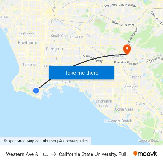 Western Ave & 1st St to California State University, Fullerton map