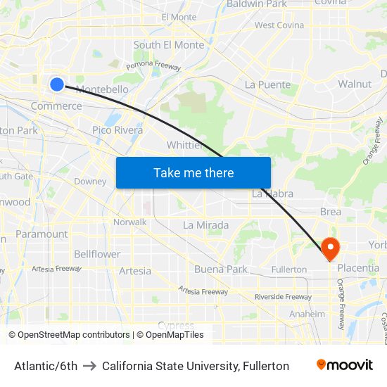 Atlantic/6th to California State University, Fullerton map