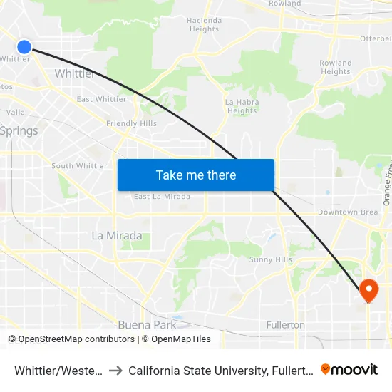 Whittier/Western to California State University, Fullerton map