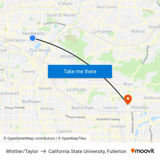 Whittier/Taylor to California State University, Fullerton map