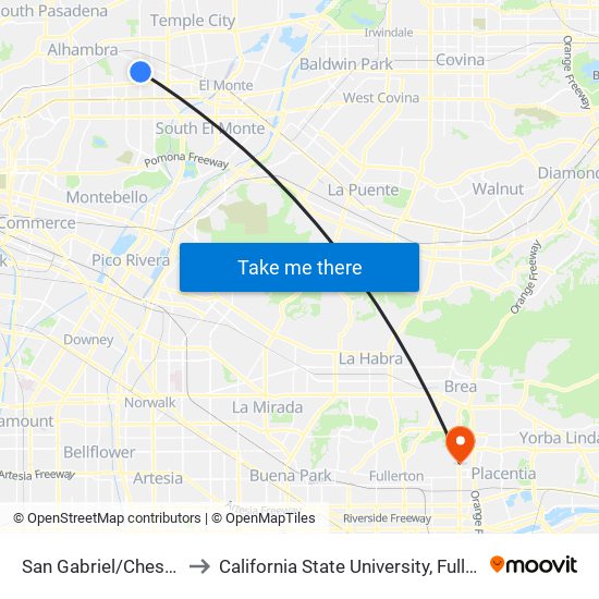 San Gabriel/Chestnut to California State University, Fullerton map