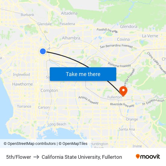 5th/Flower to California State University, Fullerton map