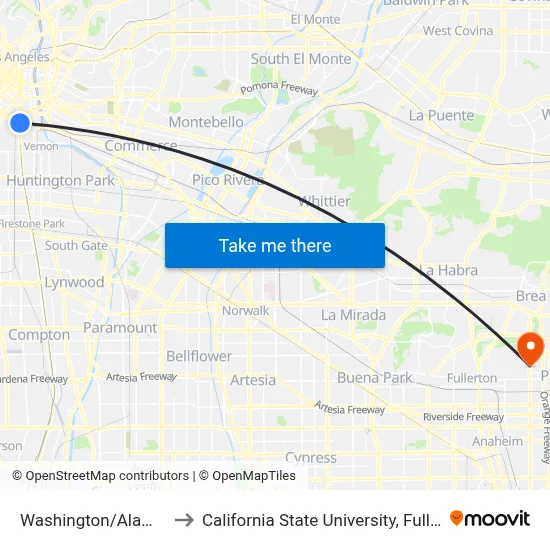 Washington/Alameda to California State University, Fullerton map