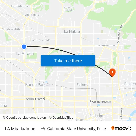 LA Mirada/Imperial to California State University, Fullerton map