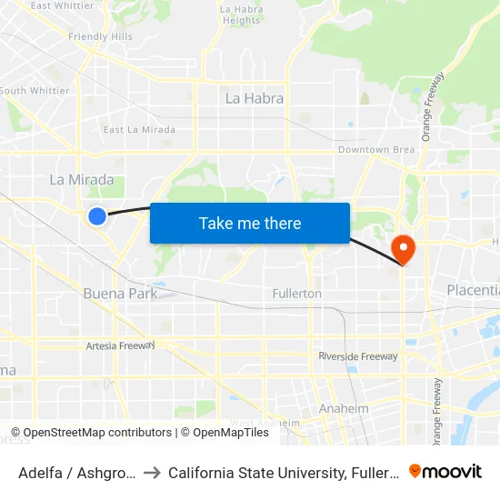 Adelfa / Ashgrove to California State University, Fullerton map