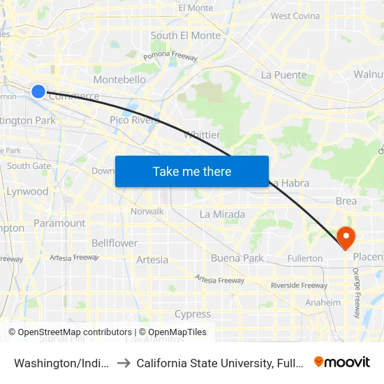 Washington/Indiana to California State University, Fullerton map