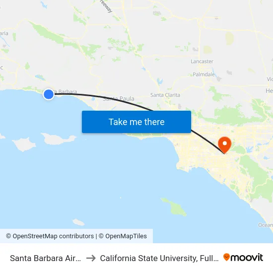 Santa Barbara Airport to California State University, Fullerton map