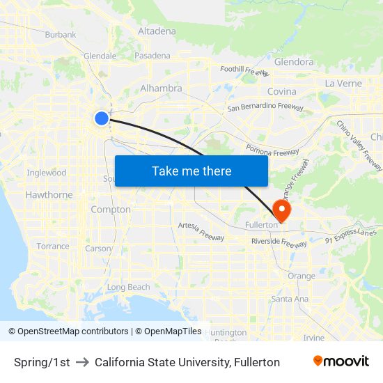 Spring/1st to California State University, Fullerton map