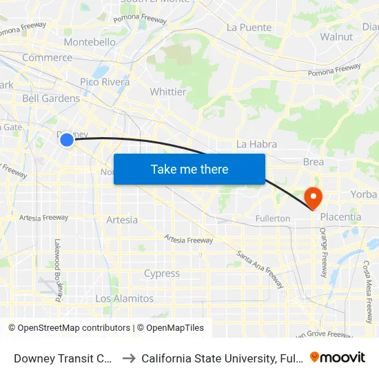 Downey Transit Center to California State University, Fullerton map