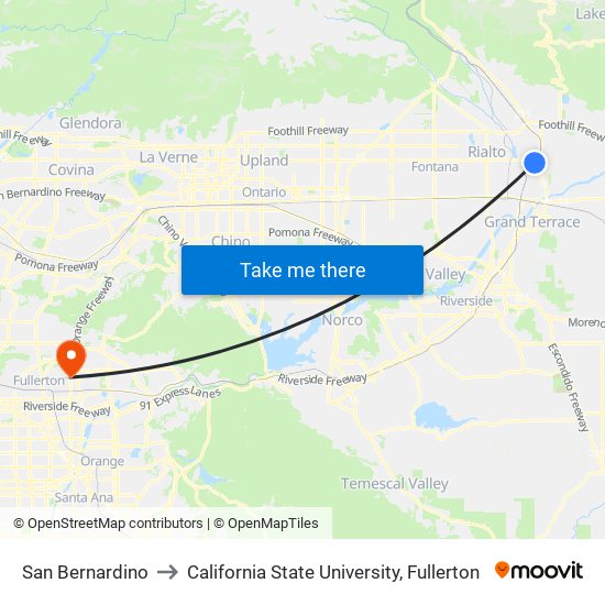 San Bernardino to California State University, Fullerton map