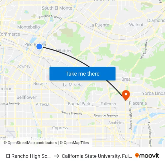El Rancho High School to California State University, Fullerton map