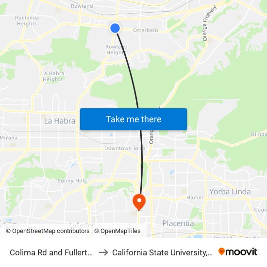 Colima Rd and Fullerton Rd W to California State University, Fullerton map