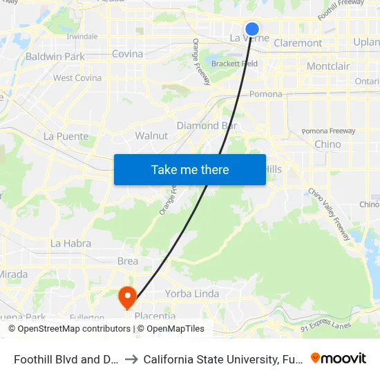 Foothill Blvd and D St E to California State University, Fullerton map