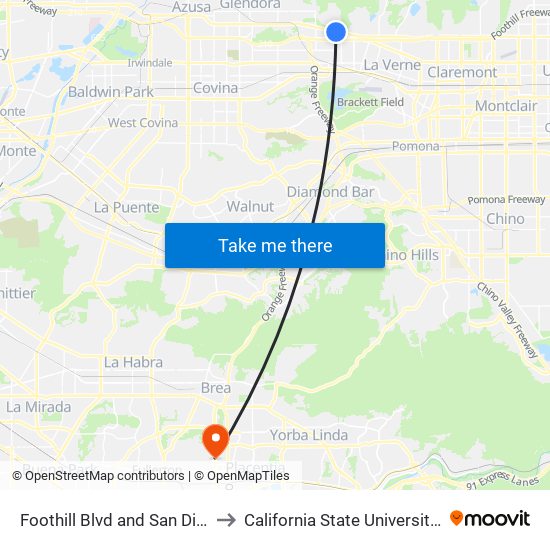 Foothill Blvd and San Dimas Ave E to California State University, Fullerton map