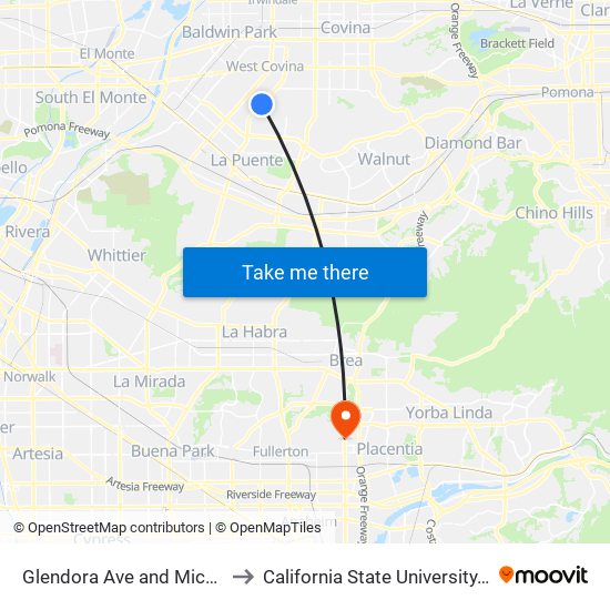 Glendora Ave and Michelle St N to California State University, Fullerton map