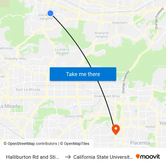Halliburton Rd and Stimson Ave E to California State University, Fullerton map