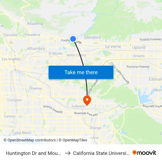 Huntington Dr and Mount Olive Dr E to California State University, Fullerton map