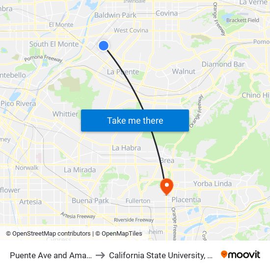 Puente Ave and Amar Rd N to California State University, Fullerton map