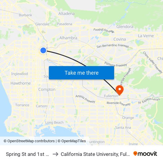 Spring St and 1st St W to California State University, Fullerton map