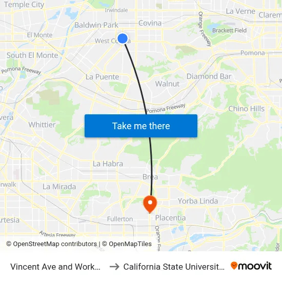 Vincent Ave and Workman Ave N to California State University, Fullerton map