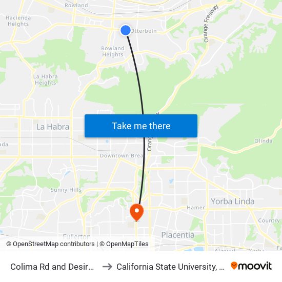 Colima Rd and Desire Ave W to California State University, Fullerton map