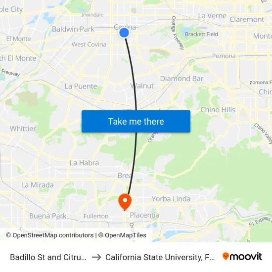 Badillo St and Citrus Ave to California State University, Fullerton map