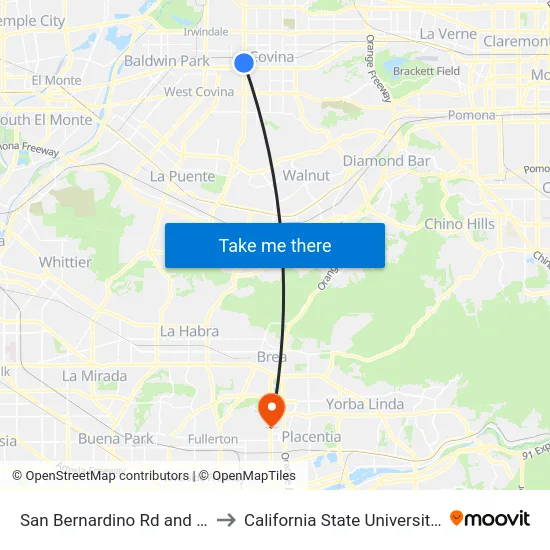 San Bernardino Rd and Azusa Ave to California State University, Fullerton map