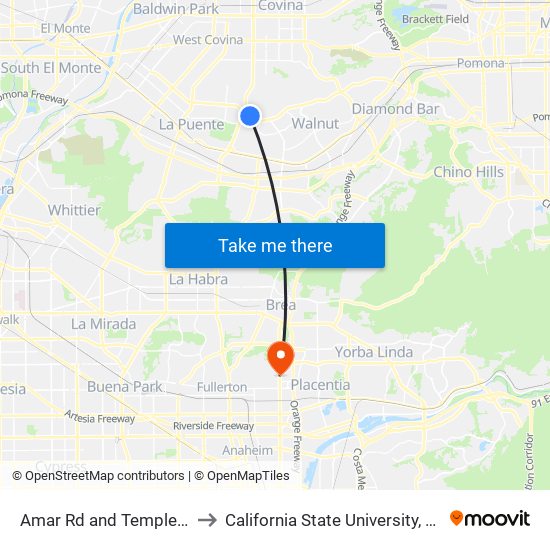 Amar Rd and Temple Ave W to California State University, Fullerton map