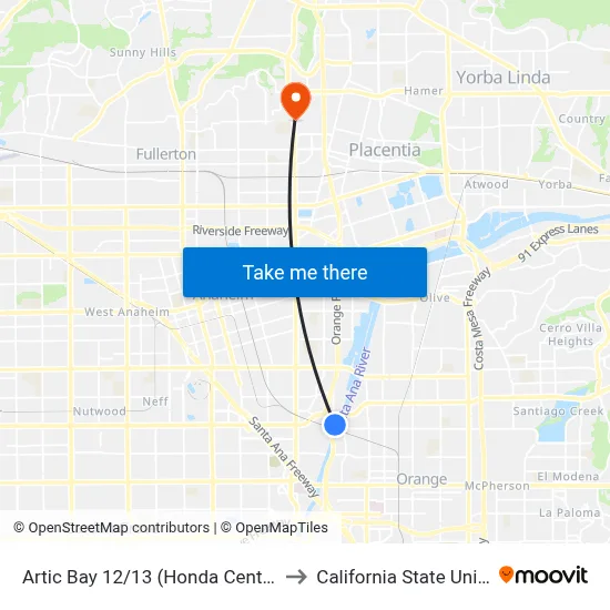 Artic Bay 12/13 (Honda Center/Angel Stadium Stop) to California State University, Fullerton map