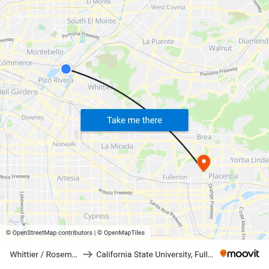 Whittier / Rosemead to California State University, Fullerton map