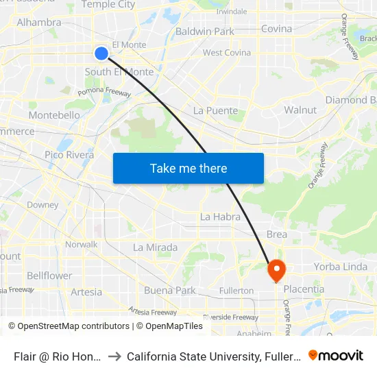 Flair @ Rio Hondo to California State University, Fullerton map