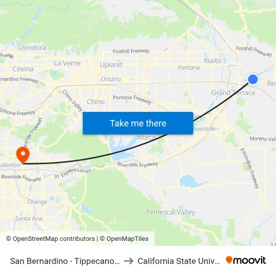 San Bernardino - Tippecanoe Metrolink Station to California State University, Fullerton map