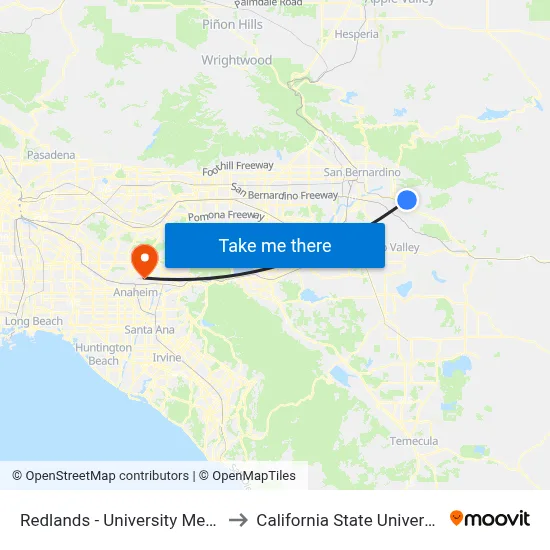 Redlands - University Metrolink Station to California State University, Fullerton map