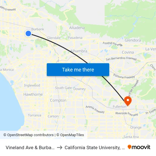 Vineland Ave & Burbank Blvd to California State University, Fullerton map